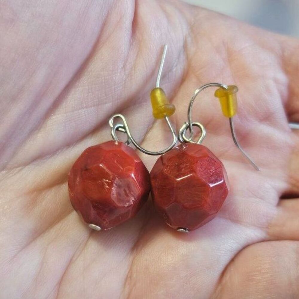 Silver tone red round bead earrings